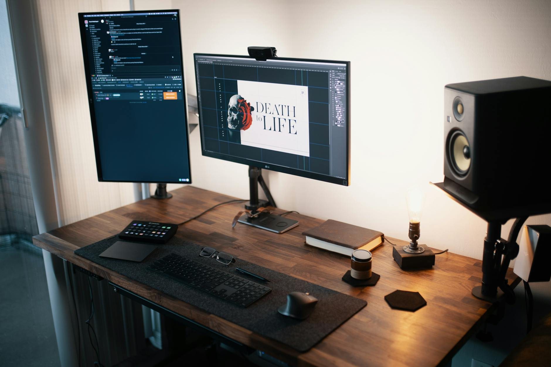 Styled desk workspace with organized storage and clean surfaces